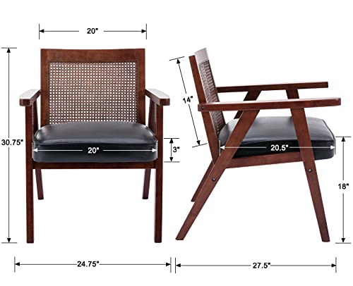 Zhenghao Leather Accent Chairs Set Of 2, Mid Century Retro Armchair Reading Chair With Rattan Back For Small Space, Comfy Arm Chair For Living Room/Bedroom/Fireplace, Black #TOP2