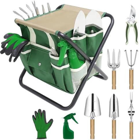 Garden Tool Set, 10 Piece Kit with Heavy Duty Folding Stool, Detachable Storage Tote Bag, Stainless Steel Tools, Gifts for Women Men Green