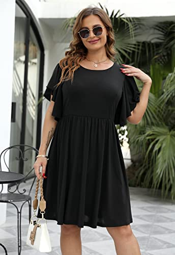 Nemidor Women's Vintage Ruffle Sleeve Party Midi Dress Plus Size Casual Summer Fit And Flare Dress Nem212 (22W, Black) #TOP3