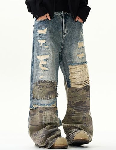 Mens Camo Ripped Jeans Y2k Hip Hop Camo Baggy Joggers Pants Streetwear Wide Leg Skater Jeans2