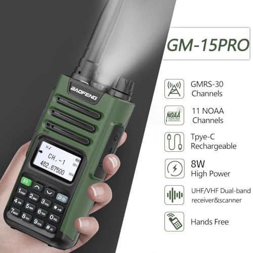 BAOFENG GMRS Radio Handheld Long Range GM-15 Pro 8W Walkie Talkie with Earpiece NOAA Weather Receiver Rechargeable GMRS Repeater Two Way Radio with USB-C Charger for Hunting Survival Gear,2Pack - Image 2