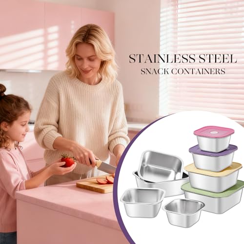Image of 8-Piece Stainless Steel Food Storage Containers Set with 4 Colorful Lids - Airtight & Leakproof for Meal Prep, Lunch, Leftovers - BPA-Free, Dishwasher Safe - Durable Kitchen & Office Organizers