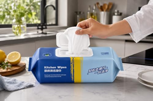 Image of Kitchen Wipes for Cleaning Oil and Grease Thick Non Woven Cleaning Wet Wipes for Platform Countertop Slab and Utensils with Resealable Lid Large Size 20x20 cm Pack of 80 Wipes