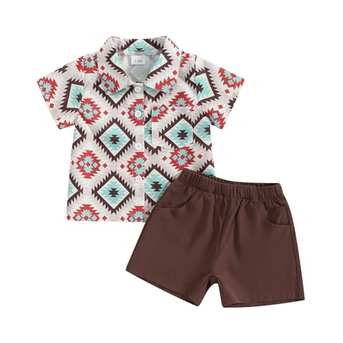 Image of Gueuusu Toddler Baby Boy Western Clothes Cow Print Short Sleeve Button Down Shirt Elastic Waist Shorts 2PCS Gentleman Suits (Africa-Coffee, 6-9 Months)