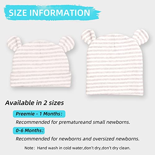 Image of Original Cotton Newborn Hats for Girls Striped Preemie Baby Hats Bear Ears Infant Boys Beanies 0-6 Months