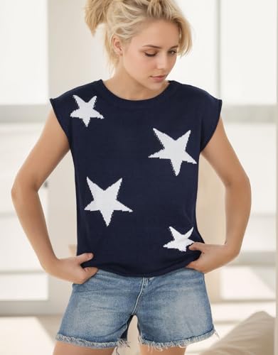 Image of Alsol Lamesa Women's Summer Cap Sleeve Sweater Vest 2024 Crewneck Sleeveless Pullover Knit Lightweight Tank Tops, Large, 911 Navy