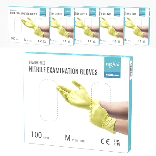 EUROPAPA® 500x Einweghandschuhe Nitrilhandschuhe puderfrei Untersuchungshandschuhe EN455 EN374 latexfrei Einmalhandschuhe Handschuhe in Gr. S, M, L & XL verfügbar (Gelb, M)