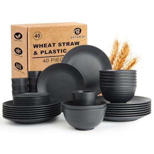 BUSOKIP Wheat Straw Dinnerware Sets 40 PCS- Unbreakable Dishes Set for 8,...