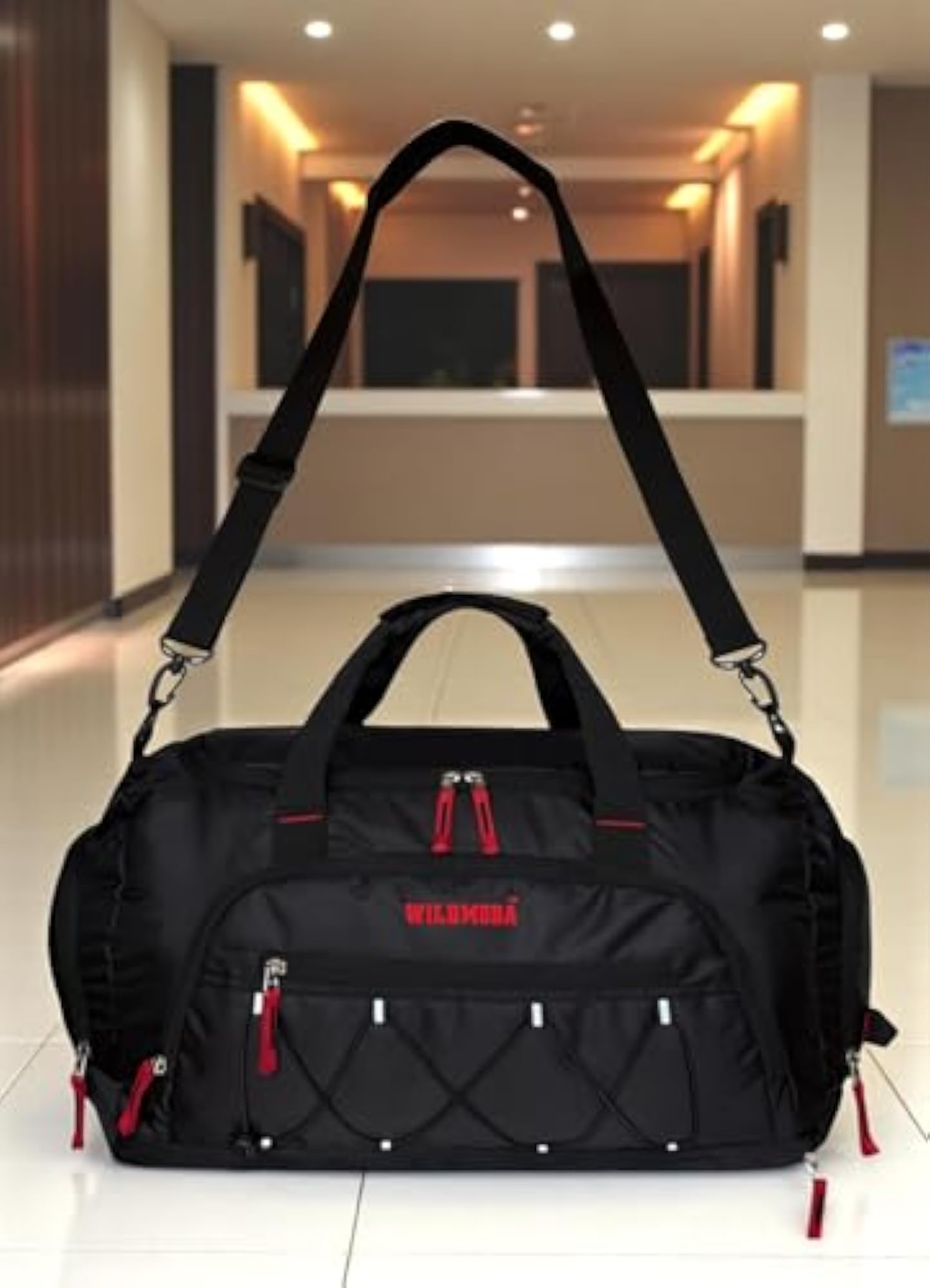 50L Duffel Travel Bag with Multiple Pockets, Black & Red