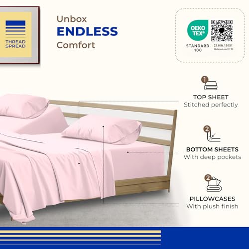 Image of THREAD SPREAD Split King Sheet Set, Luxury 1000 Series Paradise Collection 100% Egyptian Cotton Split King Sheets Sets for Adjustable Bed (5 PC, Blush), Soft, 16 inch Deep Pocket Hotel Sheets