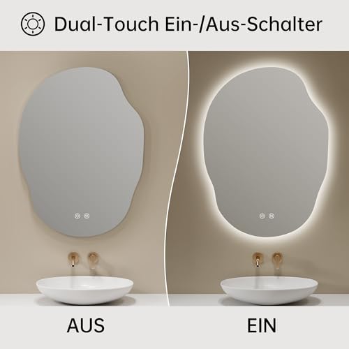 OUMUSU Spiegel mit Beleuchtung Asymmetrischer LED Badspiegel 56 x 76 cm mit Touch-Schalter, Dimmbar 3 Lichtfarbe Einstellbare, Beschlagfrei Badezimmerspiegel mit Beleuchtung, Bruchsicher 4