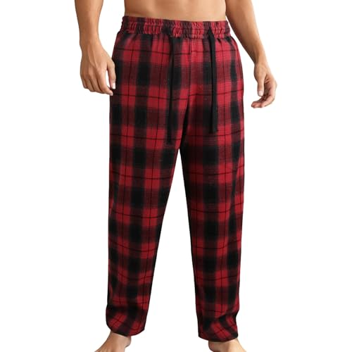 Mens Flannel Plaid Casual Pants Drawstring Waist Pajama Pants Lightweight Straight Leg Lounge Sleep Pants with Pocket