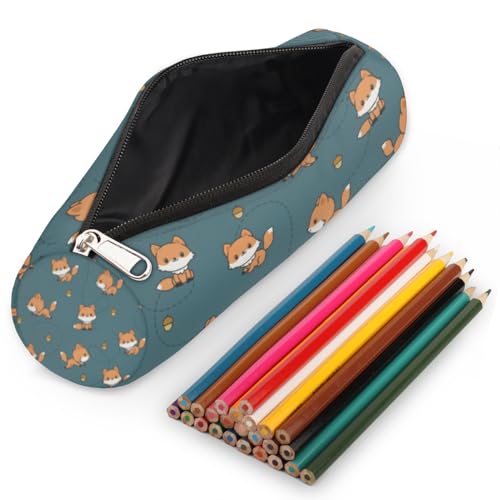 Image of Playful Baby Foxes Canvas Pencil Case Bag, Cute Fox Cylinder Zippe Pencil Case Storage Pouch Simple Stationery Bag for Middle High School Office College Student