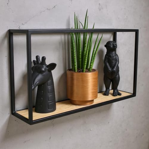 Galeara design Wandregal Metall Schwarz mit Bambusholz SOTO - Leicht zu Hängen, Kleines Wandregal (52cm x 27cm)