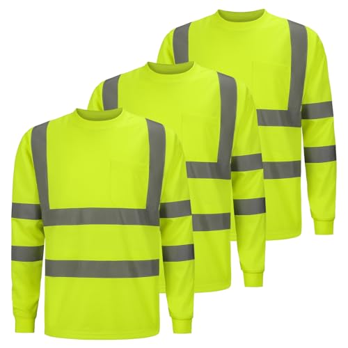 DPSAFETY Hi Vis Safety Shirts，High Visibility Long Sleeve shirts with Reflective Strips and Pocket, Quick Dry Mesh Construction Class3 Work Shirt for Men/Women Lime 3pk Large