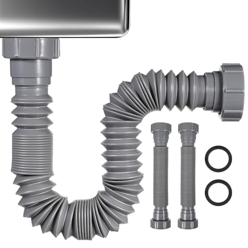 2 Pack Flexible Sink Drain Pipe, Expandable 1-1/2" P Trap Replacement Kit, Universal Adjustable Extension Tube for Bathroom Kitchen Basin Garbage Disposal, Grey, Scalable 9.83-25.9inch