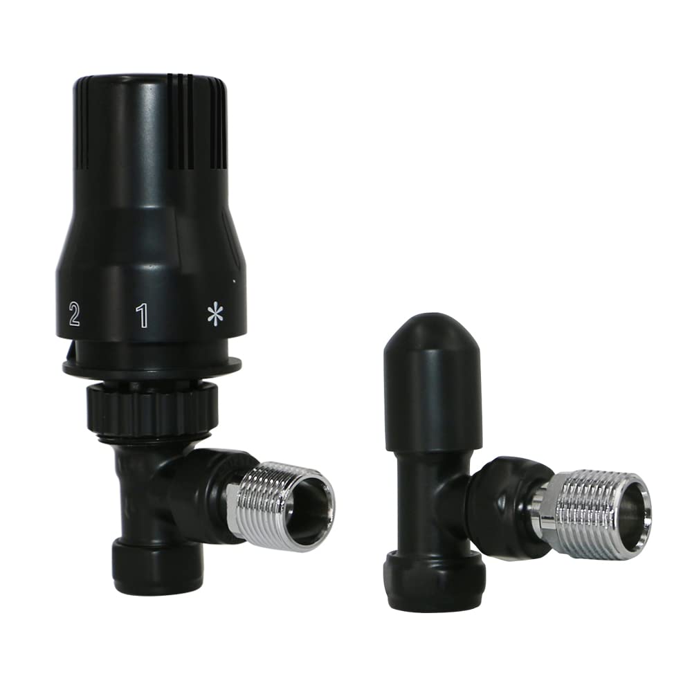 Warmehaus Black Thermostatic Radiator Valve 15Mm Angled Radiator Trv + Lockshield For Heated Towel Rail Radiator Angled