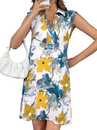 Image of Wenrine Womens Summer Dresses Floral Casual Collared V Neck Cap Sleeve Loose Boho T Shirt Dresses with Pockets