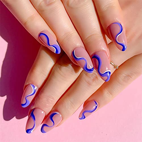 24 Pcs Glossy Press on Nails, Luvehandicraft Medium Stiletto Fake Nails, False Nails with Glue for Women and Girls (Glossy Pink Swirl 4)