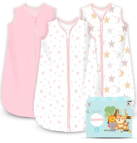 Image of Cute Castle Baby Sleep Sack 12-18 Months - Lightweight 100% Cotton 2-Way Zipper TOG 0.5 Infant Wearable Blanket, Newborn Essentials Toddler Sleep Clothes, 3 Pack(Pink, Moon, Stars)