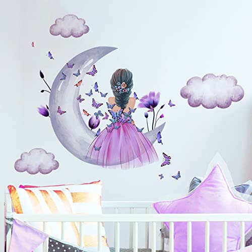 Butterfly Girl Wall Stickers,Moon Clouds Flower Fairy Wall Decal,Pink Floral Wall Mural Colorful Butterflies Wall Decor, DIY Removable Vinyl Wall Art for Girls Baby Nursery Bedroom Playroom