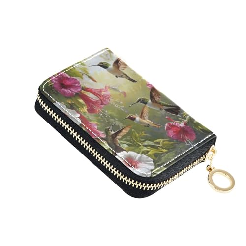 Hummingbirds Pink Flowers Garden Women Wallet Leather Credit Card Holder RFID Blocking Print Zipper Coin Purse with Key Ring