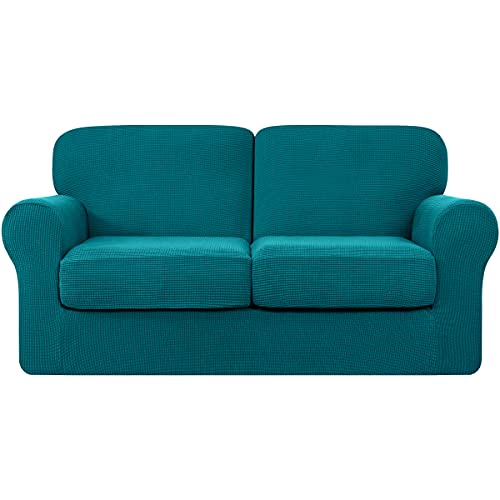 Chun Yi Stretch Loveseat Cover 5 Piece Couch Cover, 2 Seater Settee Sofa Slipcover With 2 Individual Backrest And Cushion Coat, Small Checks Spandex Jacquard Fabric, Medium,Teal/Turquoize #TOP21