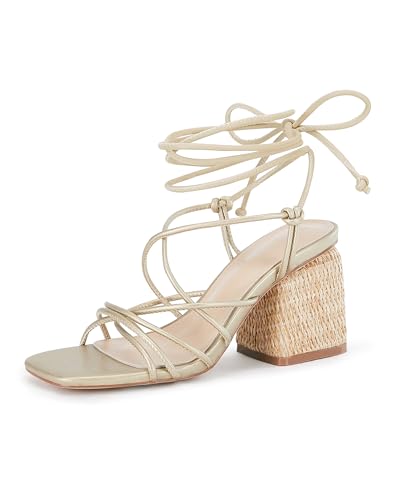 Image of PiePieBuy Women's Lace Up Chunky Braided Heel Sandals Square Toe Strappy Ankle Strap Heels