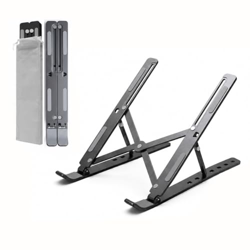 Image of Premium Metal Laptop Stand for Desk, Ergonomic 7-Angle Adjustable Height Laptop Riser, Foldable Portable Notebook Holder, Ventilated Heat Dissipation Compatible with 8-17 inch Laptop, Black