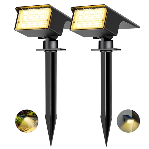 kolpop Lot de 2 projecteurs solaires à 77 LED pour jardin - Blanc chaud 3000 K - Étanche IP65-3 modes - 800 lm - Lampes solaires Dusk to Dawn - Pour cour, arbres, chemin, plantes d'extérieur