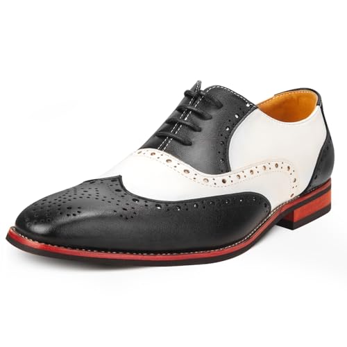 Men Dress Shoes Black and White Wingtip Tow Tone Oxford Shoes