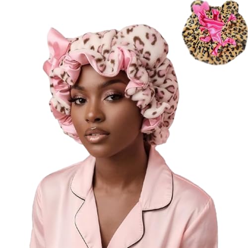Leopard Print & Pink Teddy Bonnet Leopard Print Teddy Bonnet Ultra-Cozy to Wear Helps Reduce Breakage (Light Pink)