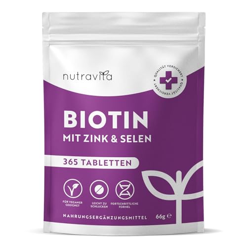 Biotin + Selen + Zink Tabletten für Haut, Haare & Nägel - 365 vegane Tabletten für 1 Jahr - Haar Vitamine für Haarwachstum - Biotin Zink Selen Hochdosiert - Laborgeprüft - Nutravita