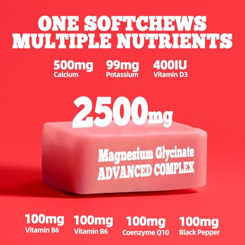 Image of Magnesium Glycinate Soft Chews, Strawberry Flavor.Chewable Sugar Free Potassium Magnesium Chews with Magnesium Glycinate, Vitamin D, B6, and CoQ10 for Calm Support & Sleep for Adults, 60 Days Supply