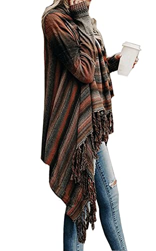 Women's Open Front Knited Tassels Slash Loose Cardigan Crew Neck Speckled Fringe Sweater Outwear3