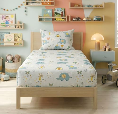 Image of BSB HOME 220TC Kids Single Bedsheet with Pillow Cover, Soft Breathable Cotton, Cute Animal Print Design, Elastic Fitted Bed Sheet for Kids Bedroom, 72 x 36 + 8 Inches (Cute Elephant Print White)