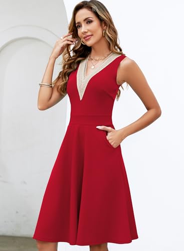 Womens Summer Lace Trim V-Neck Sleeveless Fit and Flare Tank Dresses with Pockets3