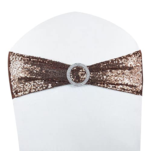 MYS QiQi Pack of 20 Stretch Sequin Chair Sashes, One-Sided Sequin with Buckle, for Wedding Party Chair Cover Decoration, Stretch Spandex Chairs Bands (20 PCS Coffee)