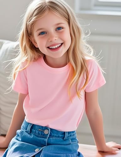 Image of KEREDA Girls Shirts Short Sleeve Soft Cotton T-Shirts Plain Tops for Kids