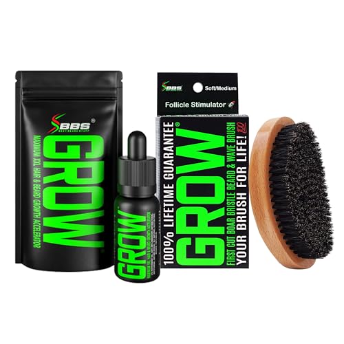 Beard Growth Kit w/GROW XXL Beard Oil/Serum for Facial Hair Growth for Men + 100% Lifetime Replacement First Cut Boar Bristle Brush & 360 Wave Brush for Men - Formulated in America