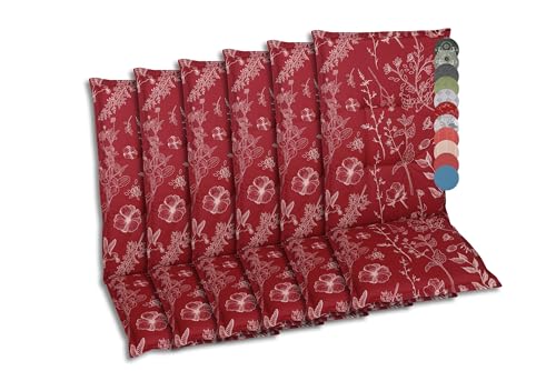 GO-DE Textil Bequeme und attraktive Polsterauflagen für Hochlehner-Gartenstühle (6er-Set, Design: Floral Rot)