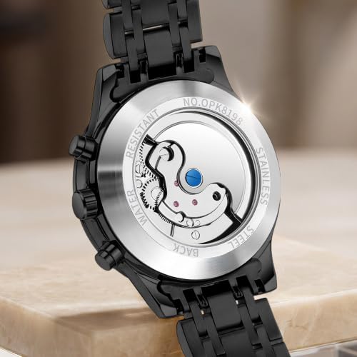 Image of OPK Mens Automatic Watch Multifunction Skeleton Mechanical Wrist Watch with Green Dial Stainless Steel Bracelet Waterproof Luxury Dress Watch for Men