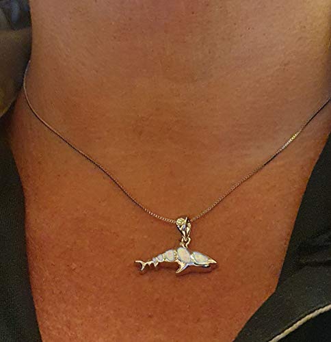 Bamos Shark Necklace, 14K White Gold Plated Shark Pendant Fish Necklace Mounted With Created Opal For Women Girls Boys Men, Blue Opal/White Opal 16.5-18.0 Inches #TOP1