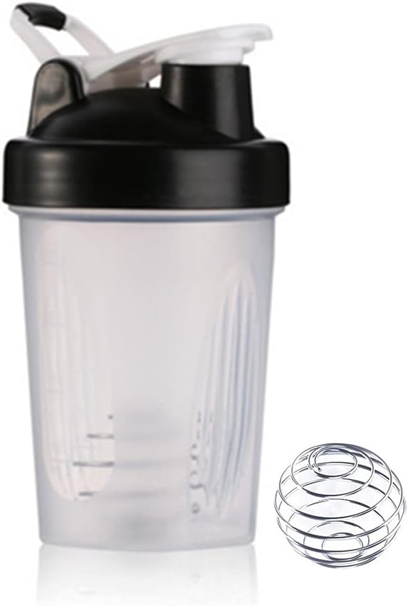 BLUEGALA Protein Water Bottle, 400 ml / 16 oz Tritan Shaker Cup with Measurement Marks & Whisk Ball,for Protein Shake Mix, BPA Free & Leak Proof (Black Top/Clear Body, 400 ML/16 Oz)