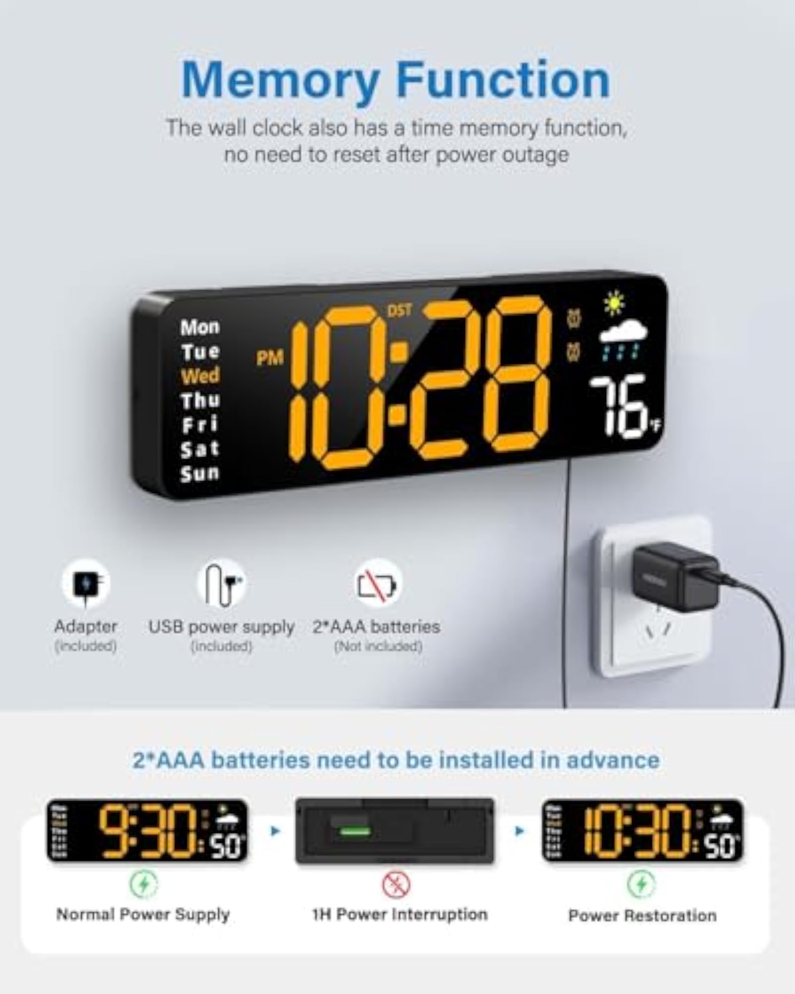Digital Wall Clock, Large Display with Remote