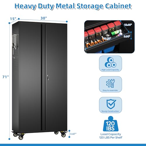 Image of 71 inchH Garage Storage Cabinet with Wheels, Drawer, Pegboard and 16 Hooks, Metal Storage Cabinet with Locking Doors and 2 Adjustable Shelves for Garage, Warehouse, Home, Black, Assembly Required