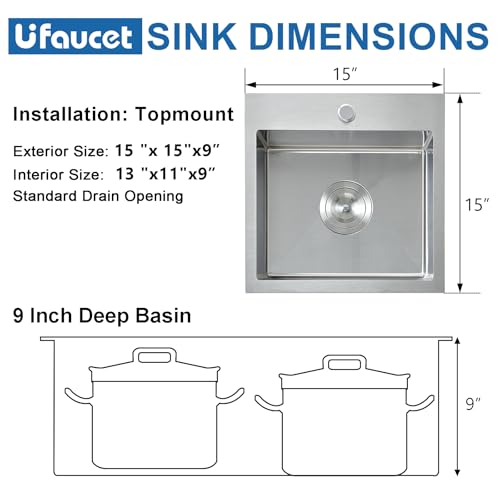 Image of 15x15 Inch Drop In Bar Sinks, Top Mount Handmade Single Bowl Small Kitchen Sink, 16 Gauge Stainless Steel Brushed Nickel for Wet Bar Prep RV Outdoor with Grid & Drain Strainer