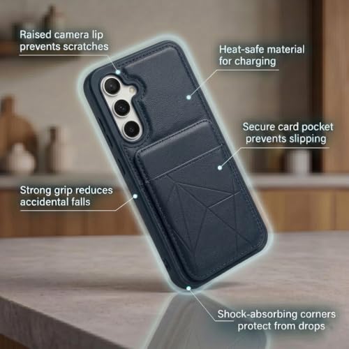 Image of amazon basics Premium Vegan Leather Back Cover with Card Holder and Integrated Mobile Stand for Samsung Galaxy S23 5G - Slim Shockproof Wallet Case with Geometric Stitching [Blue]