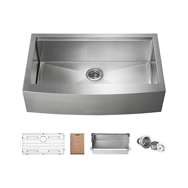 KIBI K1-SF36T Single Bowl Stainless Steel Farmhouse Kitchen Workstation Sink Apron Front 36 inch with Bottom Grid, Strainer, Solid Oak Cutting Board and Colander | 10" Deep Bowl | 3.5" Drain Opening