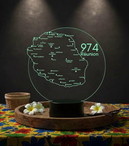 JNB-Maker Lampe 3D Île de la Réunion 974 avec Personnalisation - Veilleuse Carte Gravée Illusion Optique 16 Couleurs avec Télécommande - Cadeau Local, Déco Maison & Souvenir Réunion - USB ou Piles – vue 2